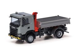 Show details for Herpa 318051 H0 Scania XT17 3-Seitenkipper mit Ladekran, grau/gelb Picture of Herpa 318051 H0 Scania XT17 3-Seitenkipper mit Ladekran, grau/gelb