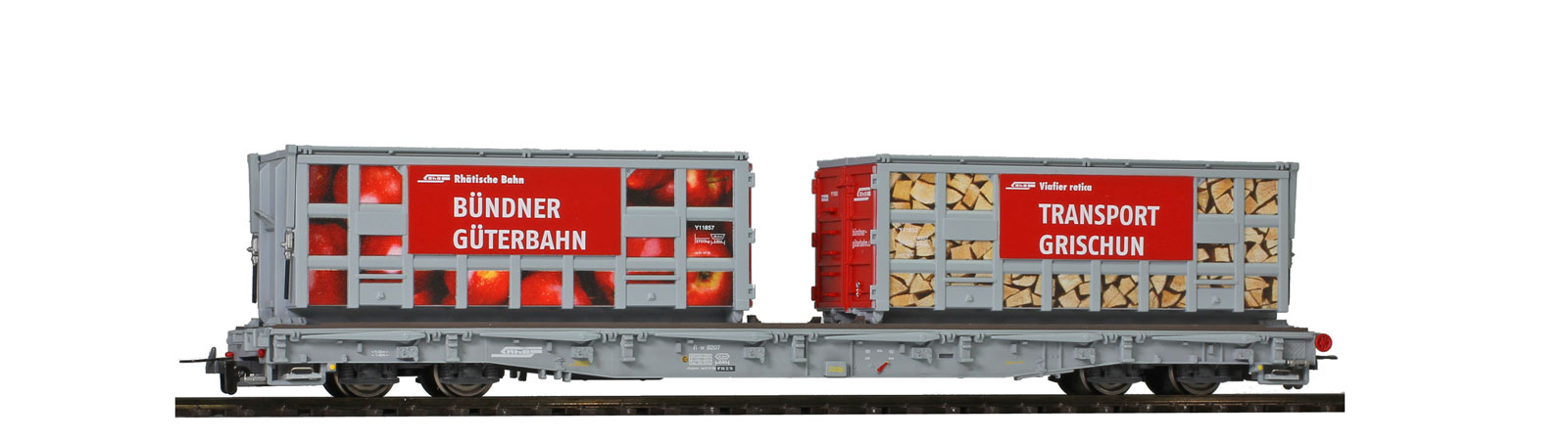 Bild von Bemo 2291127 RhB R-w 8207 Bündner Güterbahn "Apfel & Holz" | Güterwagen Spur H0m-H0e-H0f