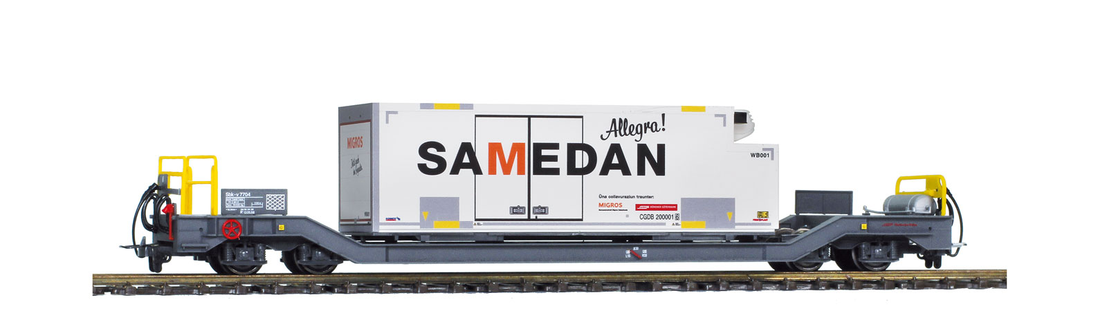 Bild von Bemo 2289112 H0m RhB Sbv 7718 Containertragwagen Migros | Güterwagen Spur H0m-H0e-H0f